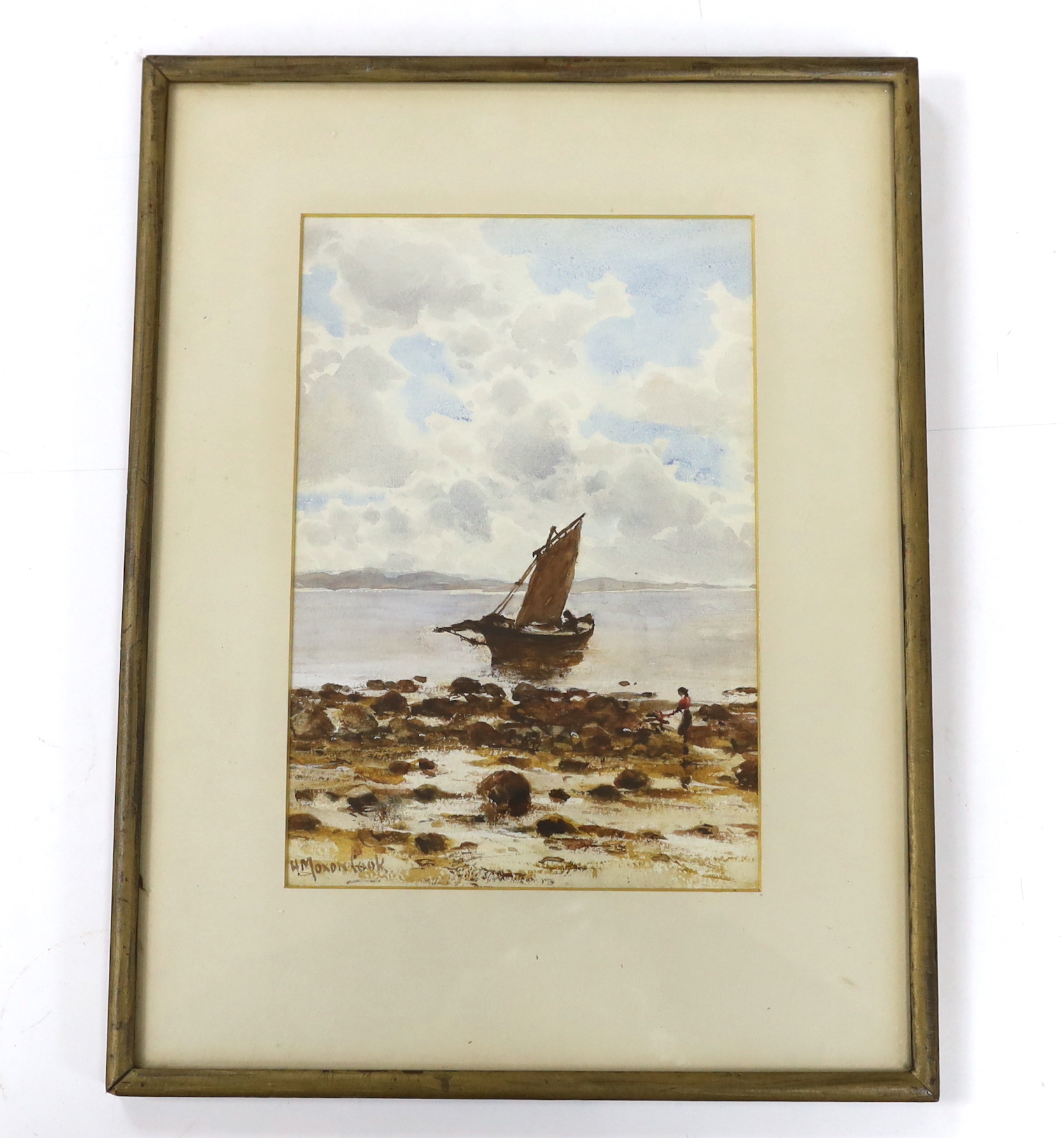 Herbert Moxon Cook (1844-1928), watercolour, Coastal scene with fishing boat, signed, indistinctly inscribed in ink verso, 26 x 17cm